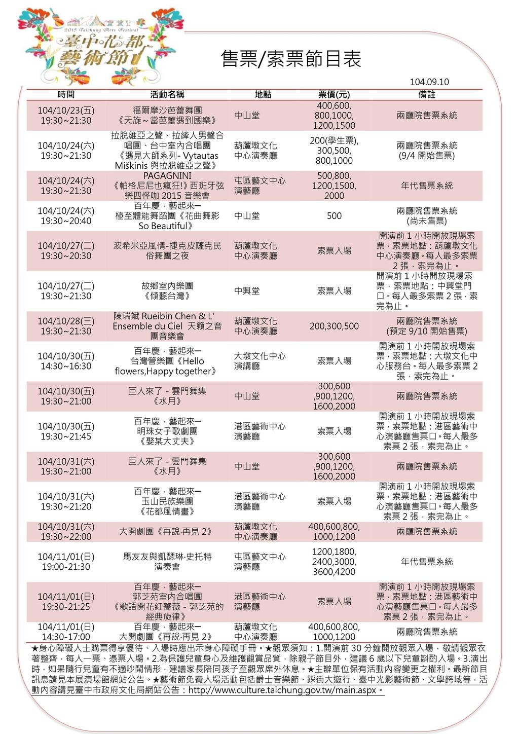 「2015台中花都艺术节」售票、索票节目讯息公告