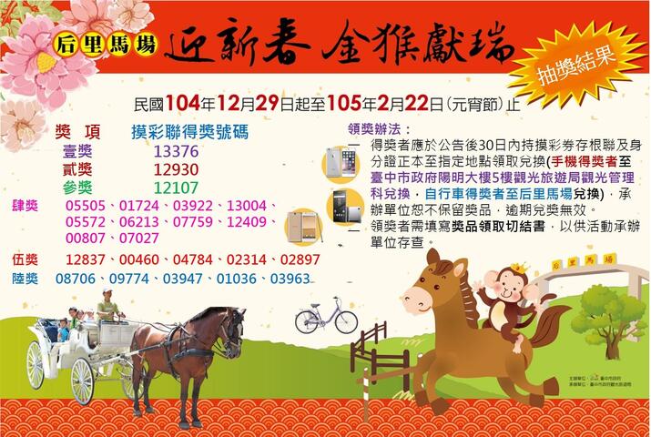 「后里馬場迎新春 金猴獻瑞送大獎」得獎名單-抽獎結果