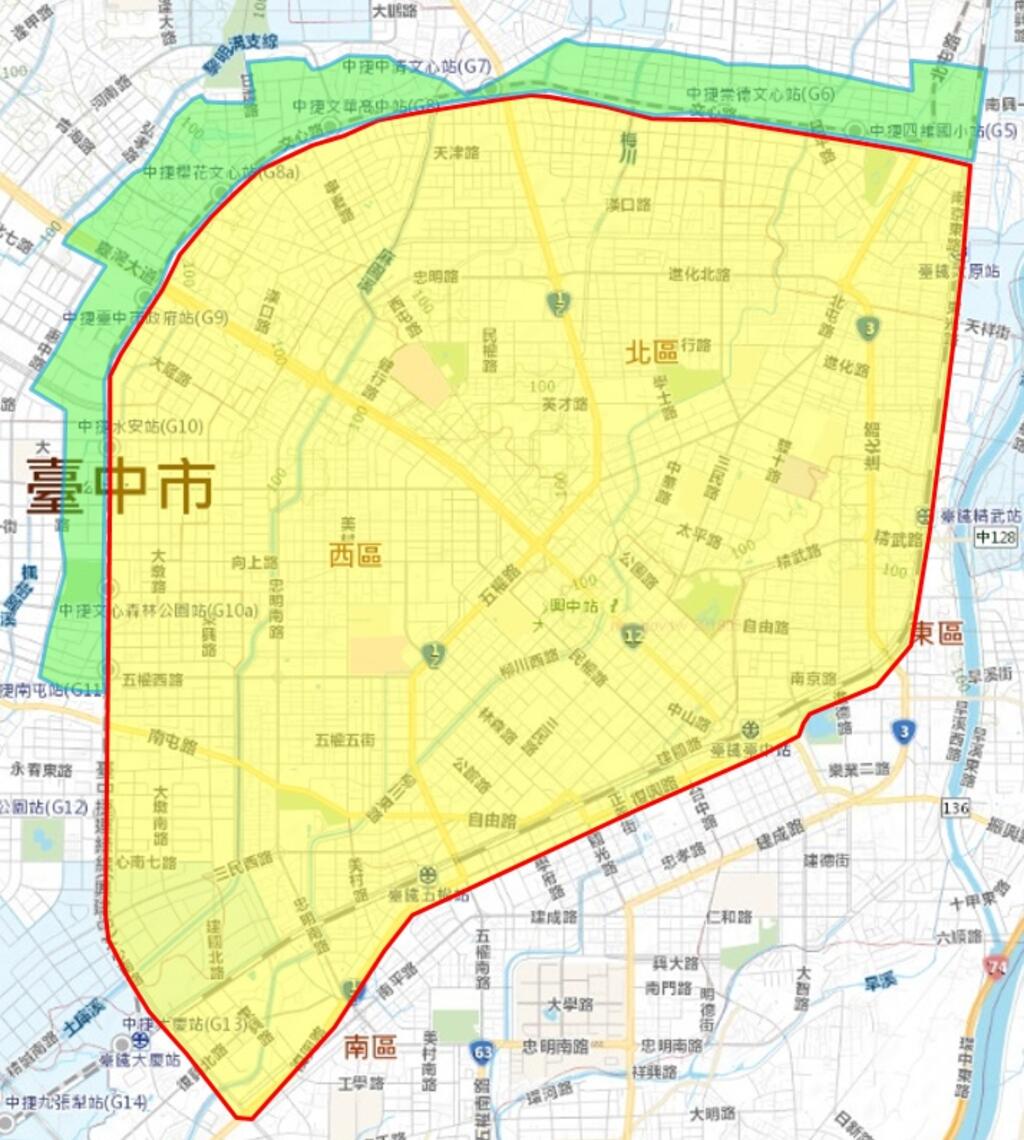 台中市北屯区-1350公厘-pscp送水干管检修作业停水影响区域示意图