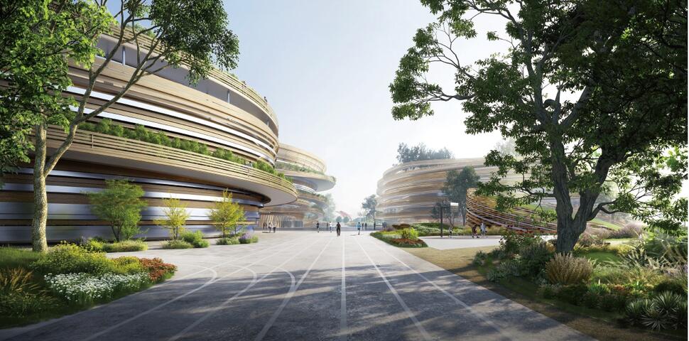 廣場和軸線與台中洲際棒球場連結形成都市軸線-創造出直線通透的市民廣場