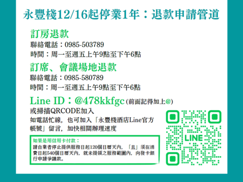 永豐棧酒店停業一年-中市法制局提醒消費者儘速申請退款
