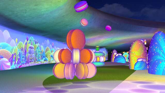 馬卡龍燈區路面上及空中散落著甜點-糖果及馬卡龍