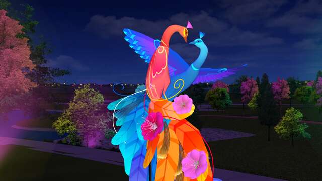 孔雀燈組的羽毛上長滿桃花-一對孔雀猶如熱戀中的情侶-象徵著甜蜜的愛情和百年好合的美好願望