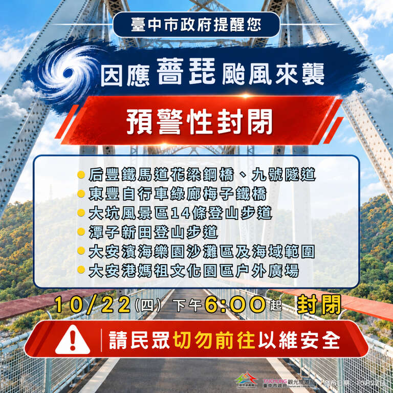 因應薔琵颱風來襲10/22(四) 18:00起採取預警性封閉措施
