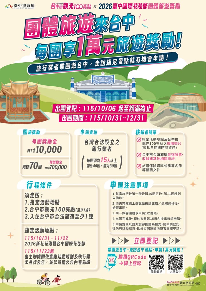 【旅行社看過來！帶團遊台中，每團獎勵 1 萬元🚌✨】