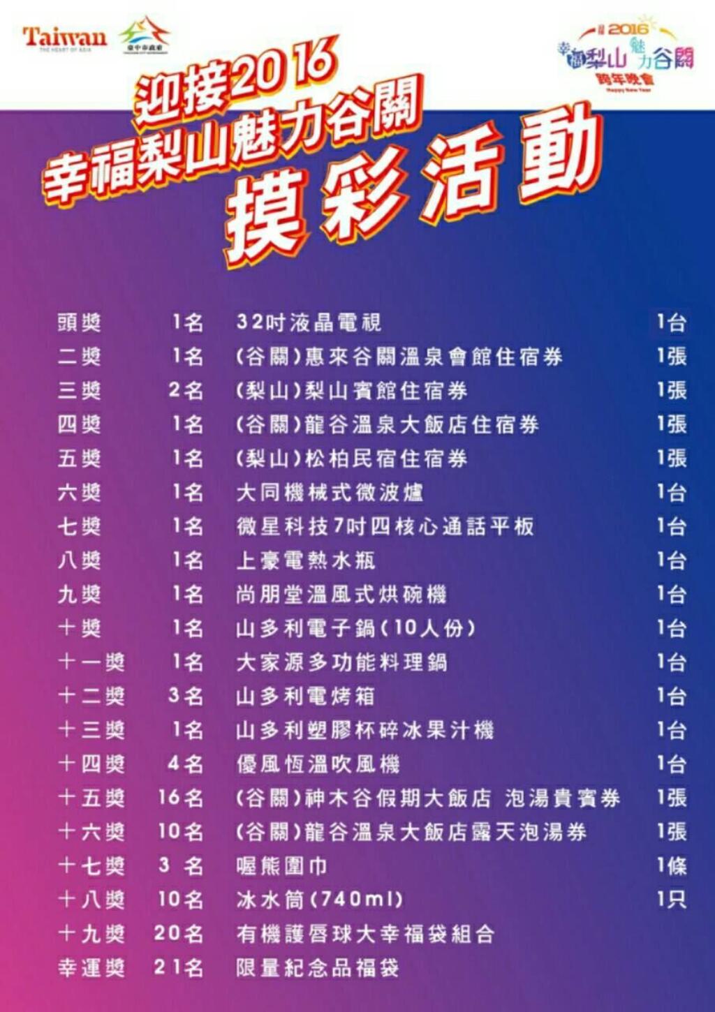 迎接2016幸福梨山.魅力谷關 摸彩活動-獎品清單