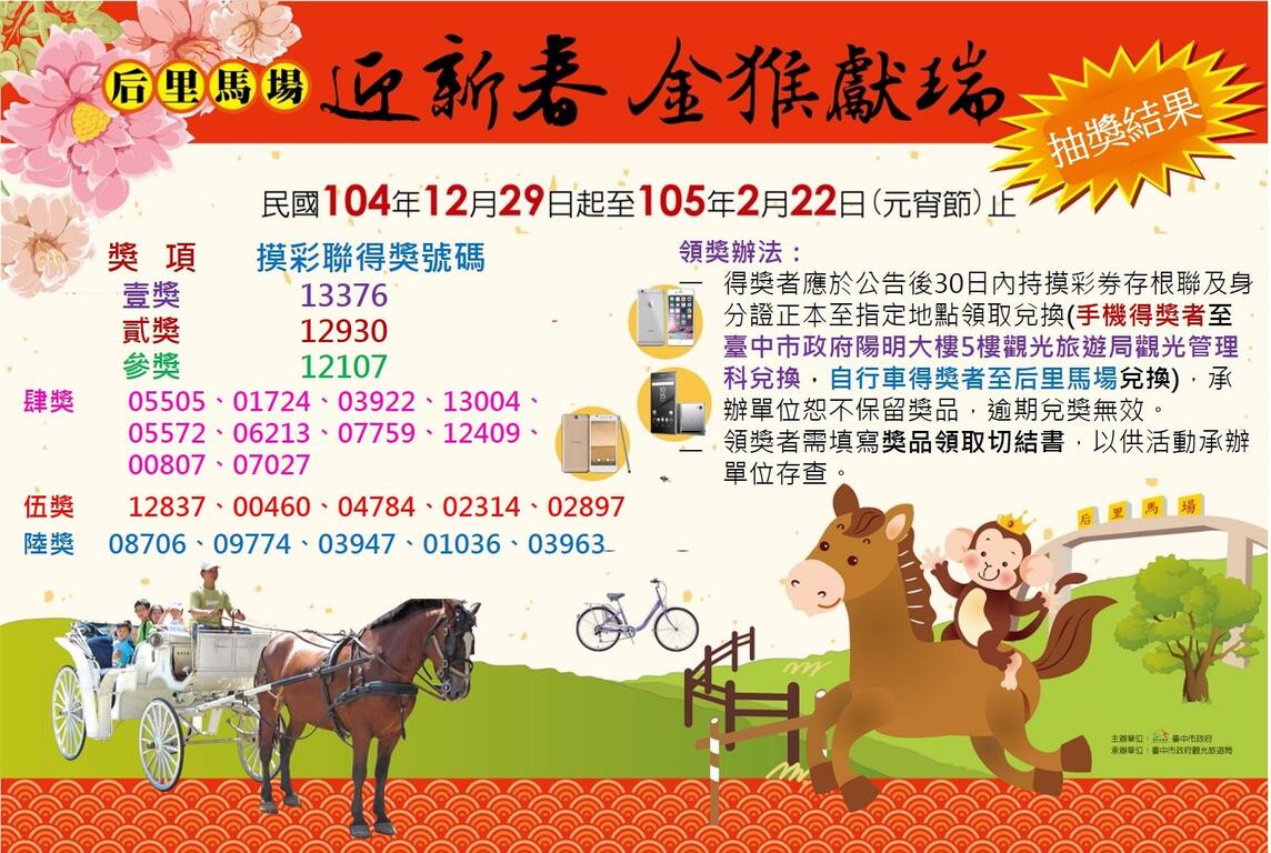 「后里馬場迎新春 金猴獻瑞送大獎」得獎名單-抽獎結果