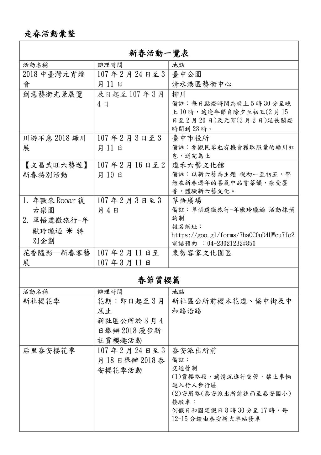 新春活動一覽表